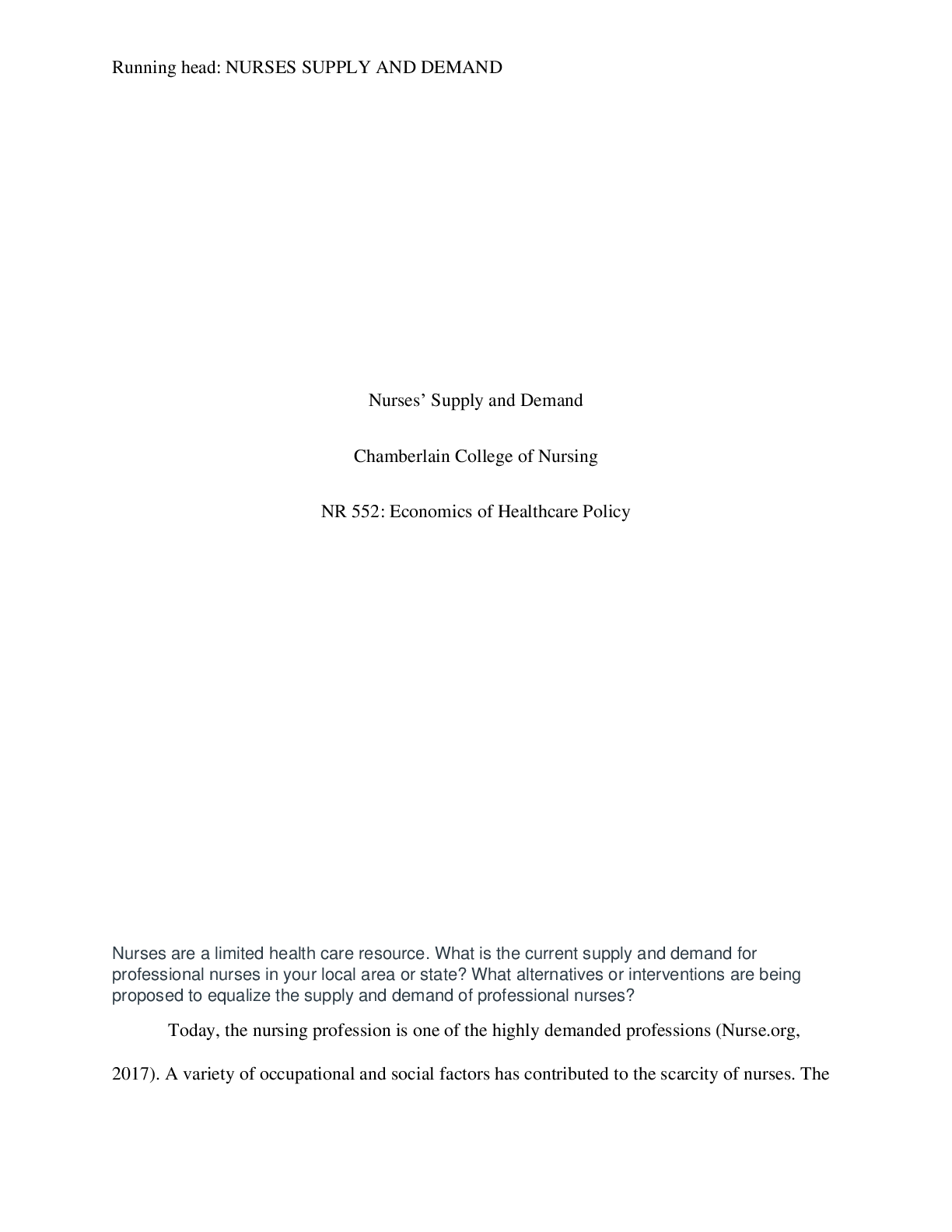 Preview image of NR-552 Week 1 Discussion-Answer: Nurses Supply and Demand{100%} document